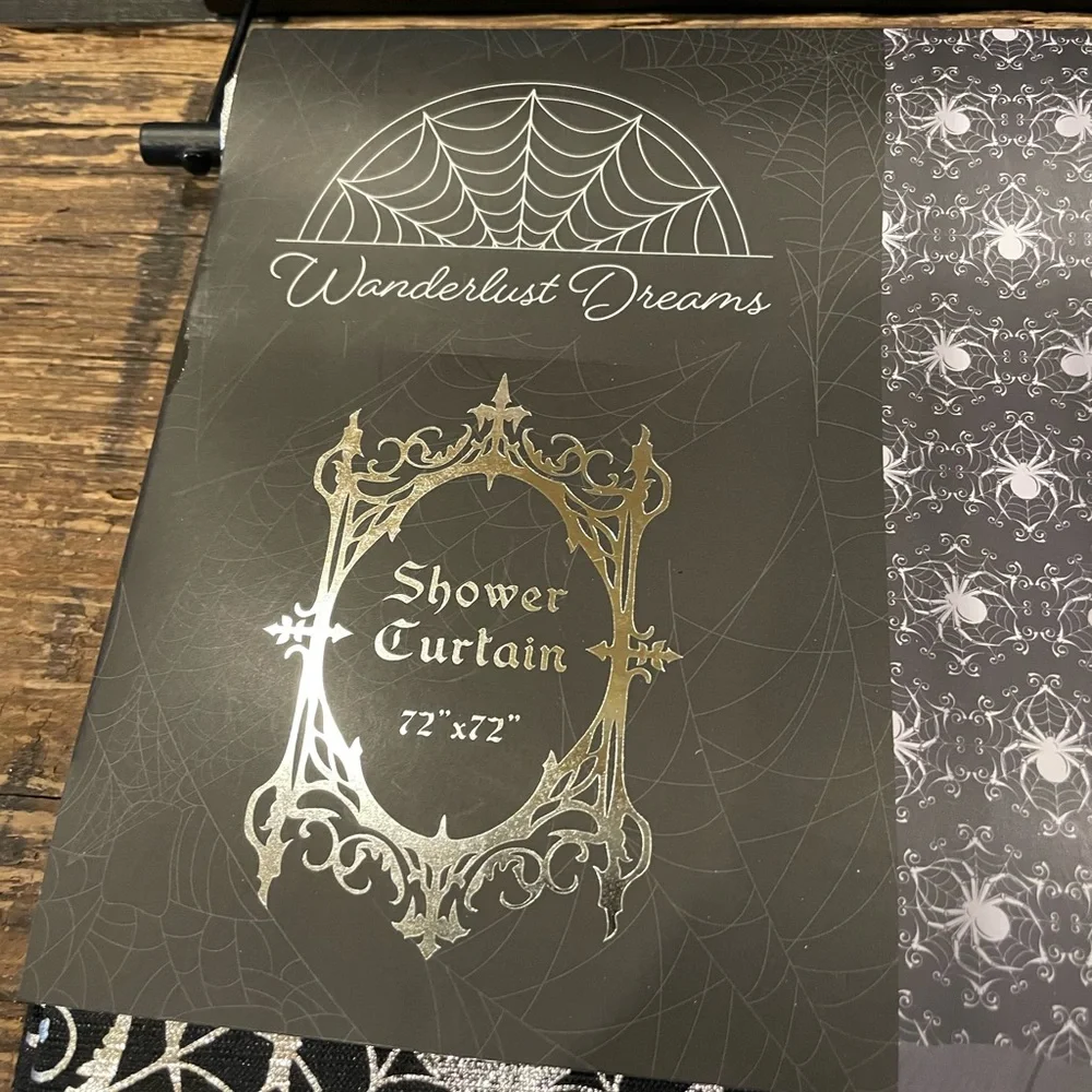 WANDERLUST DREAMS NWT Black W/Metallic Silver Spiders Halloween Shower Curtain